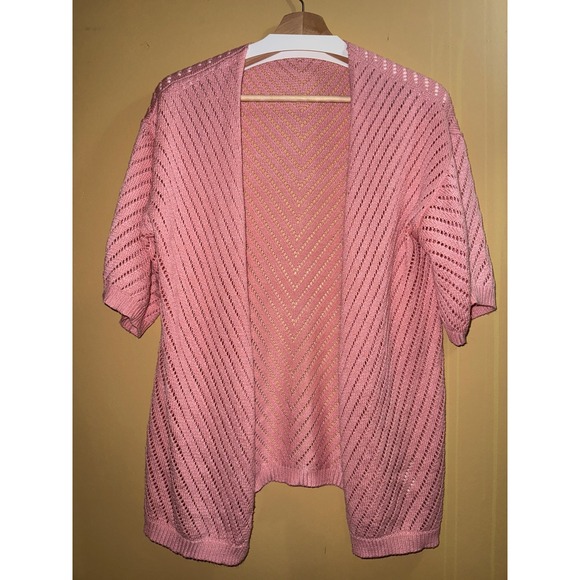 Pink Crochet Open Front 100%‎ Viscose Cardigan Shrug Short Sleeve Lightweight - Picture 2 of 3
